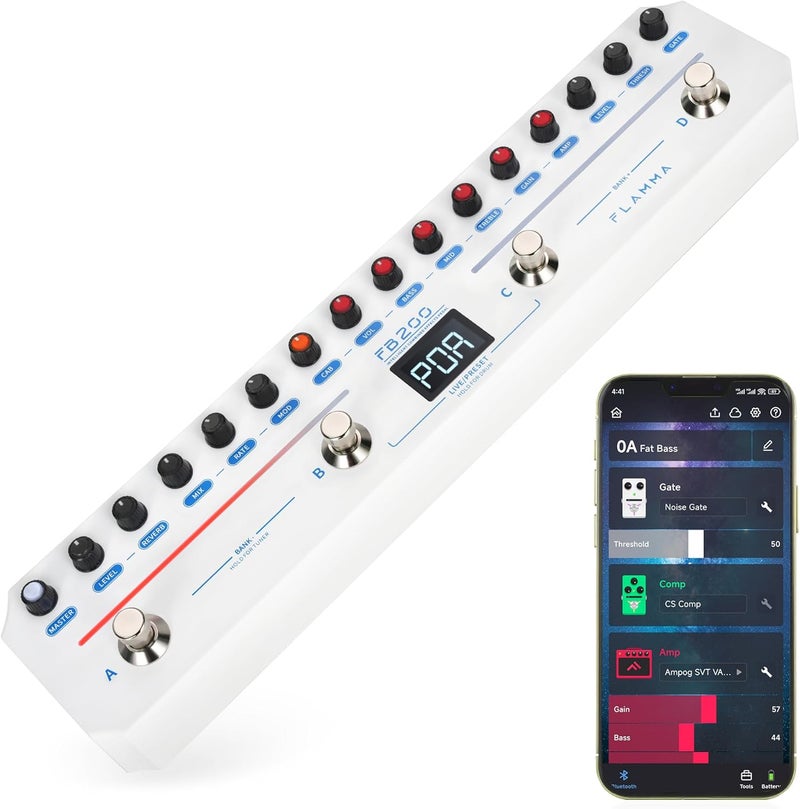 FLAMMA FB200 Bass Multi-Effects Pedal Intelligent Processor with 10 Bass-specific AMP models 10 CAB Sim 9 IR Slots 40 Drum Rhythm 40 Presets 5 Mod 5 Reverb Tuner APP Control Headphone Output - Image 1